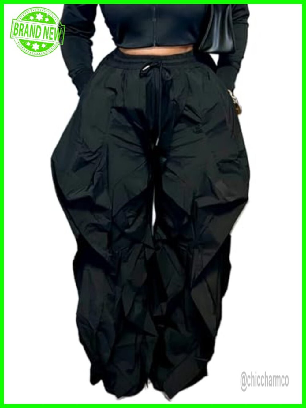 Womens Baggy Ruffle Pants Elastic Waist Parachute Barrel Sweatpants